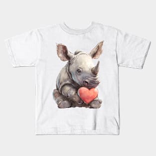 Valentine Rhinoceros Holding Heart Kids T-Shirt